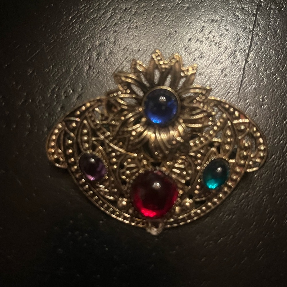 Vintage Gold Tone Filigree Brooch with Multicolor Gemstones Victorian Revival